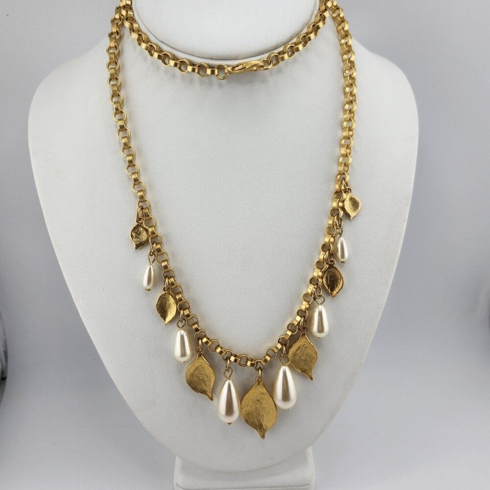 Matte Gold Tone Faux‎ Pearl Long Necklace Leaf Dangles